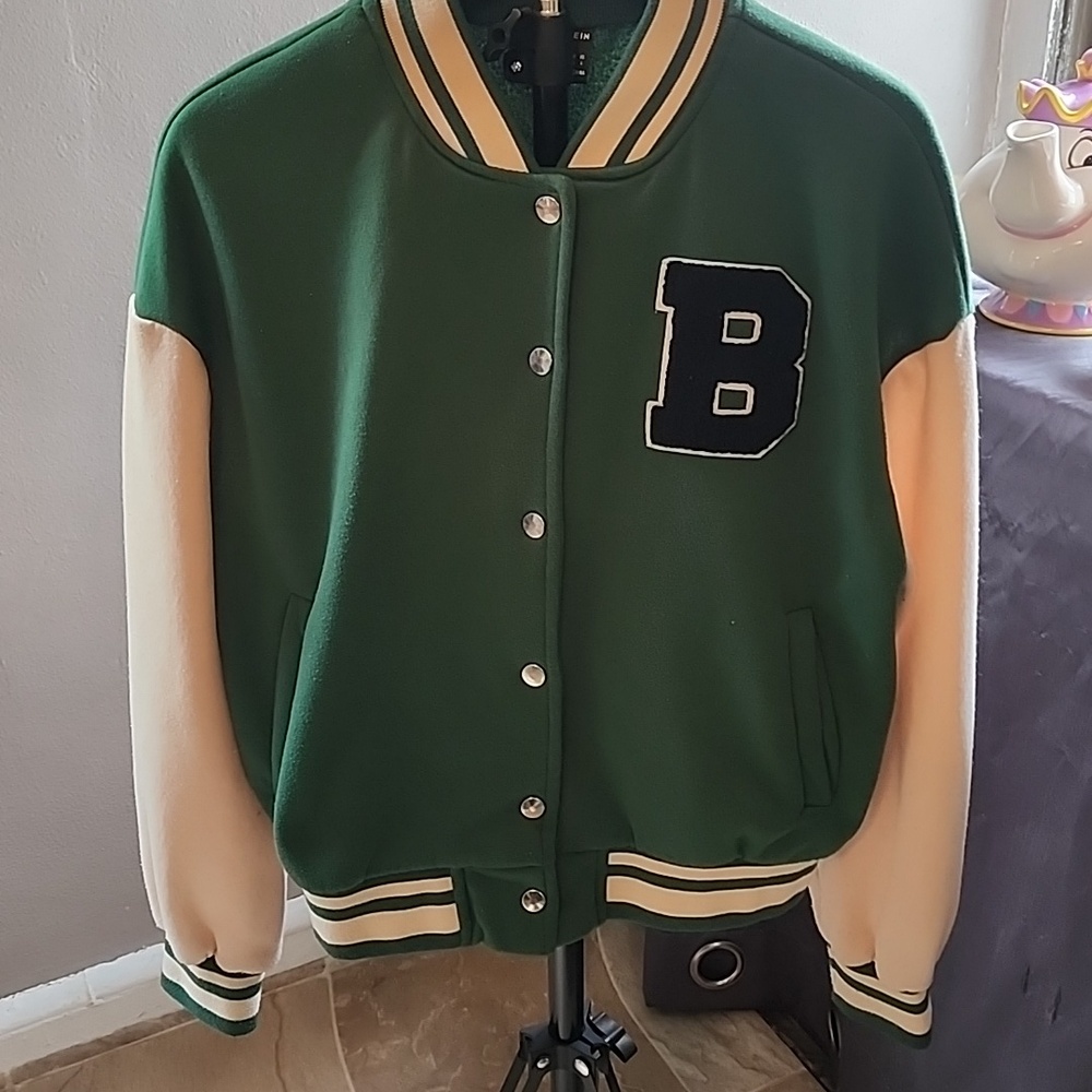 SHEIN Green and Cream Kids Letterman Jacket with 'B' Patch Small
